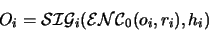 \begin{displaymath}O_{i} = \mathcal{SIG}_{i}( \mathcal{ENC}_{0}( o_{i}, r_{i}), h_{i}) \end{displaymath}